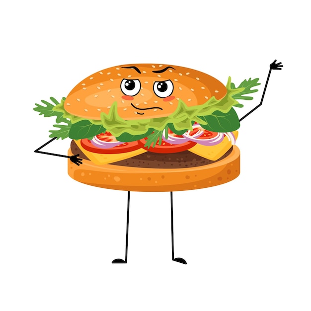 Vektor netter charakter hamburger mit emotionen eines helden ein tapferes gesicht arme und beine fröhliche fast-food-pers...
