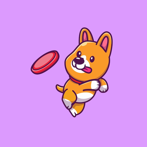 Netter corgi, der frisbee-karikatur-symbol-illustration spielt. tierikon-konzept isoliert. flacher cartoon-stil