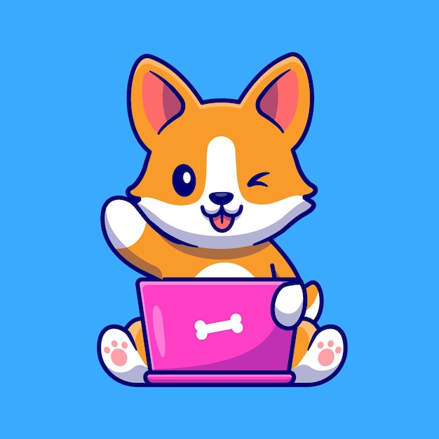 Netter corgi-hund, der an laptop-cartoon-vektor-icon-illustration arbeitet. tiertechnologie-symbol-konzept isoliert premium-vektor. flacher cartoon-stil