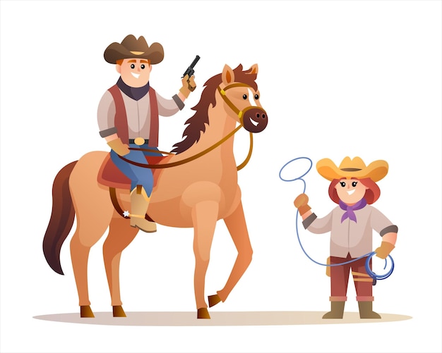 Netter cowboy mit pistole beim reiten und cowgirl mit lasso-seilfiguren
