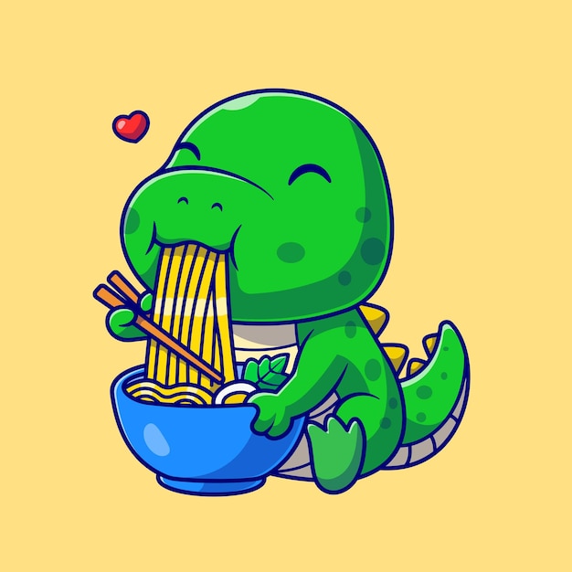 Netter dino, der ramen-nudeln cartoon-vektor-icon-illustration isst. tiernahrung symbol konzept isoliert premium-vektor. flacher cartoon-stil