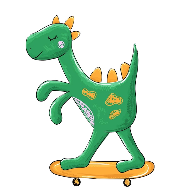 Netter dinosaurier mit handgezeichnetem skizzenstil des skateboards