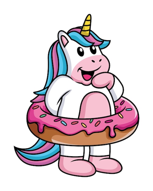 Netter einhorn-cartoon mit donuts in seinem körper