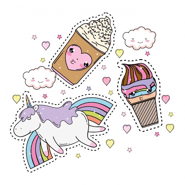 Netter einhorn mit set kawaii icons