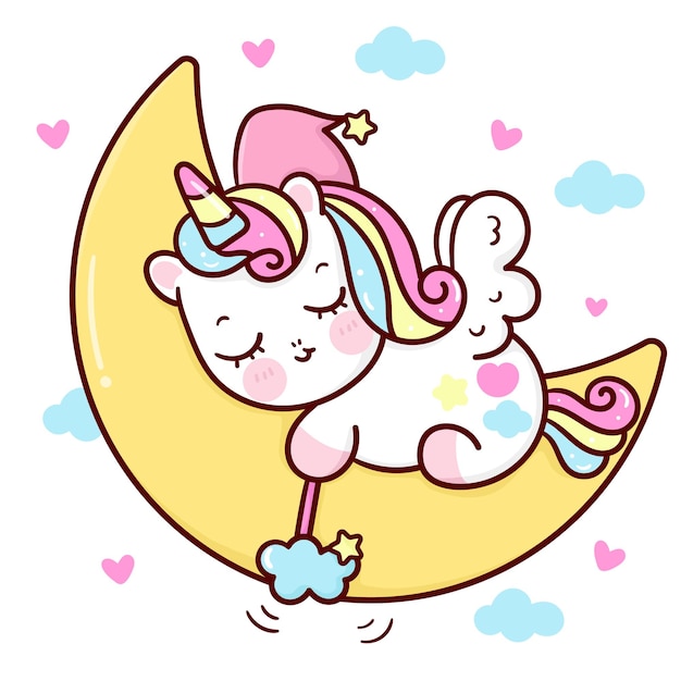 Netter einhorn pegasus cartoon schlaf auf mond hält wolke zauberstab kawaii tier