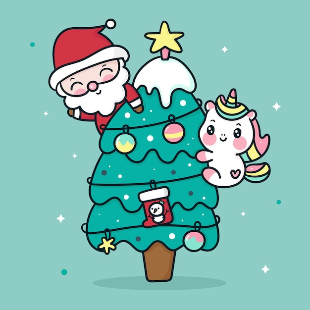 Netter einhorn- und weihnachtsmann-karikatur auf weihnachtsbaum kawaii art