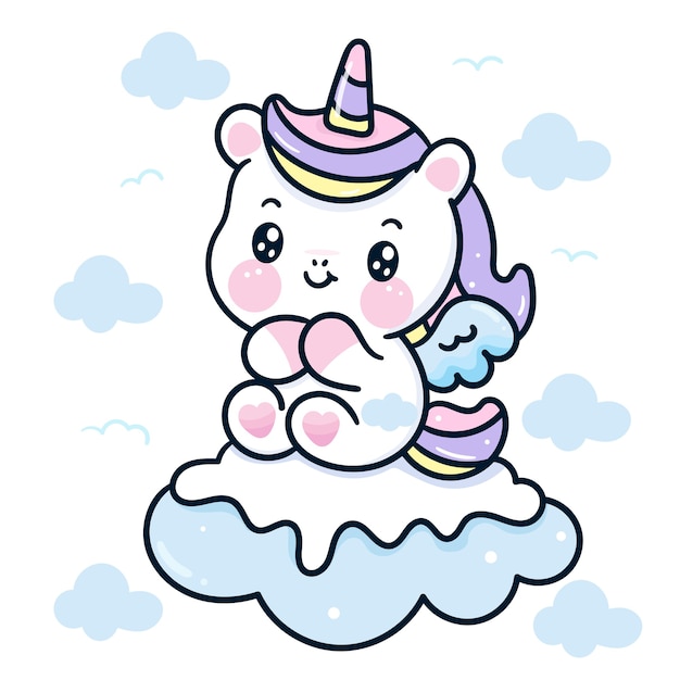 Netter einhornkarikatur auf schneewolken kawaii tier