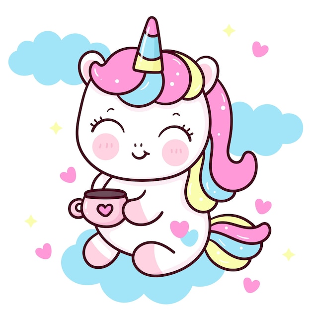 Netter einhornkarikatur mit kaffeetasse kawaii tier