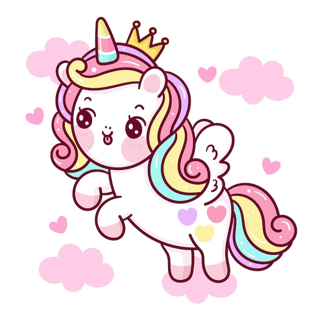 Vektor netter einhornkarikaturprinzessin pegasus auf wolke kawaii tier