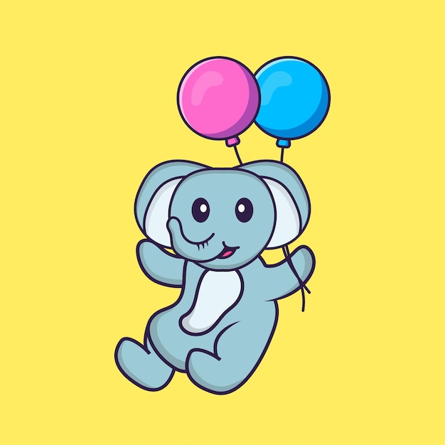 Netter elefant, der mit zwei ballonen fliegt. tierkarikaturkonzept isoliert.