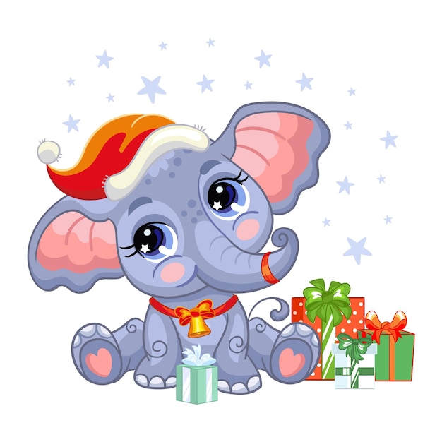 Netter elefant in einer weihnachtsmütze mit geschenken und sternen. vektor-illustration.