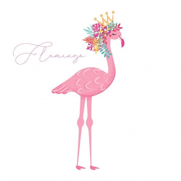 Netter Flamingo mit der Hand gezeichneten Illustration der Blumen