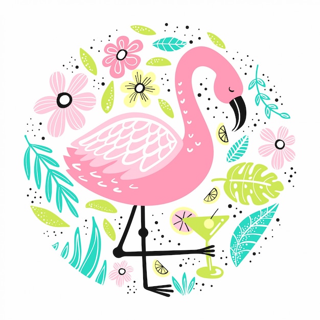 Netter Flamingo mit von Hand gezeichneten Elementen.