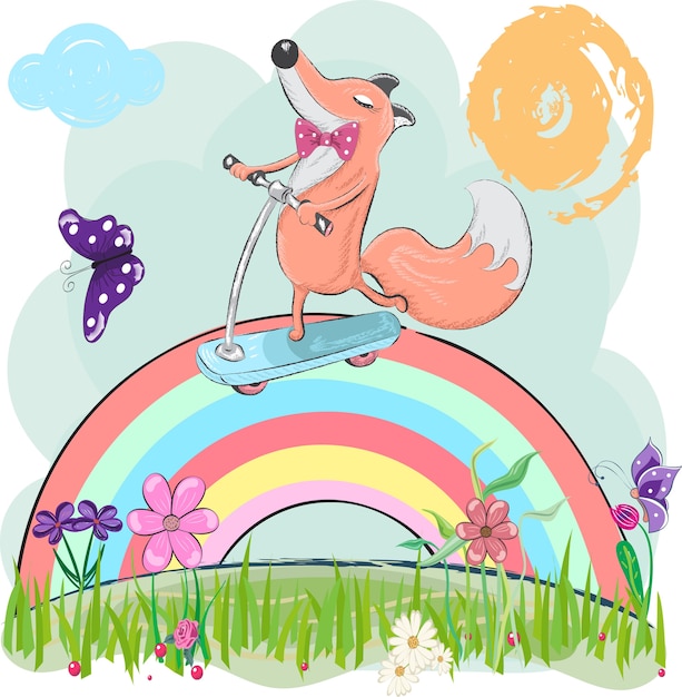 Vektor netter fox auf der regenbogenkarikaturhand gezeichnet
