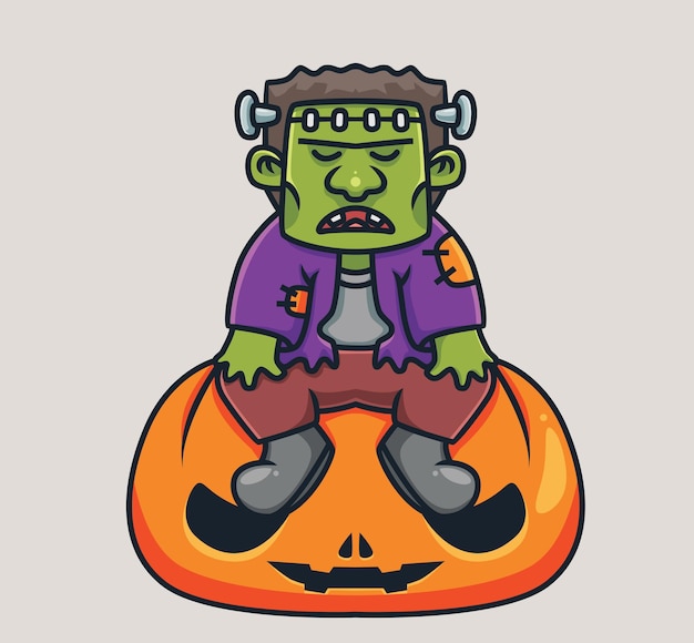 Netter frankenstein, der auf riesigem kürbiskarikatur-halloween-konzept sitzt isolierte illustration