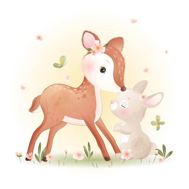 Netter Gekritzelhirsch und kleiner Hase mit Blumenillustration