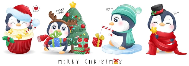 Netter gekritzelpinguin für illustrationssatz der frohen weihnachten