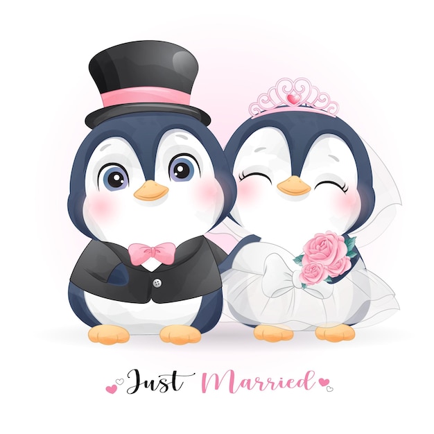 Netter Gekritzelpinguin mit Hochzeitskleidern, gerade verheiratet