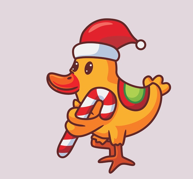 Vektor netter gelber vogel der ente bringt eine süßigkeit isolierte cartoon-tier-weihnachtsillustration flat style