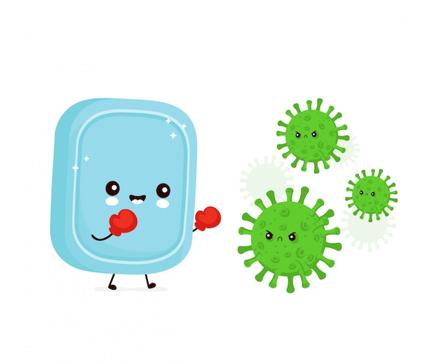 Netter glücklicher lächelnder Seifenkampf mit Virus.