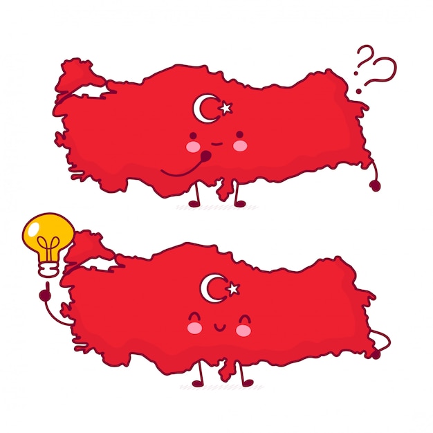 Netter glücklicher lustiger türkei-karten- und flaggencharakter mit fragezeichen und ideenglühbirne.