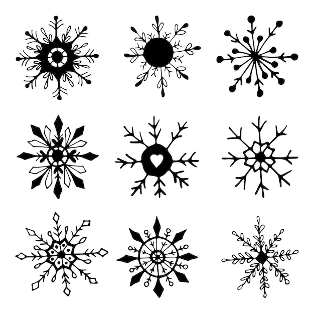 Netter handgezeichneter satz von schneeflocke-doodle-vektor-illustration winterelement für grußkarten