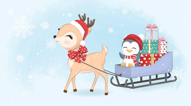 Netter hirsch, pinguin und geschenkbox in schlitten- und weihnachtsillustration.