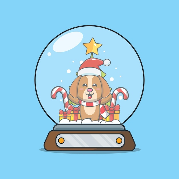 Netter hund in der schneekugel nette weihnachtskarikaturillustration