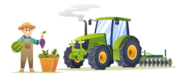 Netter Junge Bauer mit frischen Früchten und Traktorillustration