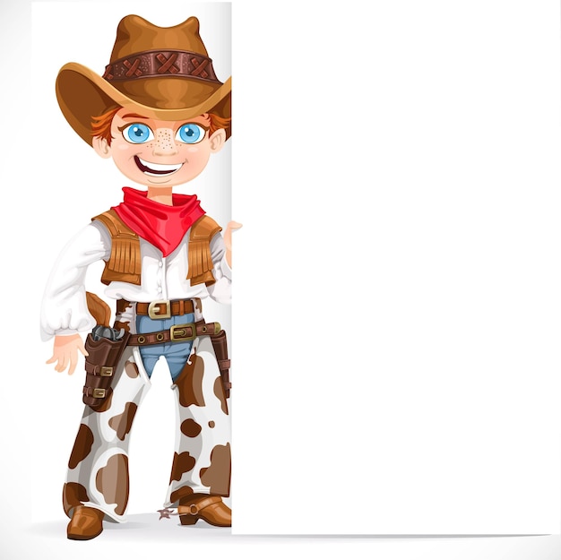 Netter junge, der als cowboy verkleidet ist und ein großes weißes, leeres banner auf weißem hintergrund trägt