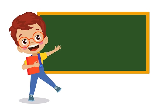 Netter Junge, der auf die Klassenzimmertafel zeigt