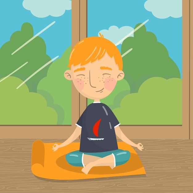 Netter junge, der in lotusposition sitzt und junge meditiert, der yoga auf dem hintergrund des fensters mit sommeransicht-vektorillustrations-karikaturart praktiziert
