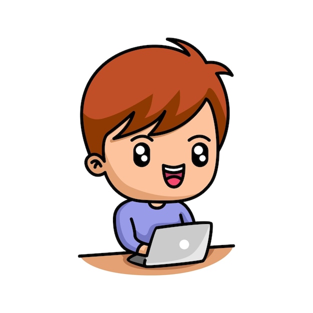 Netter Junge, der mit Laptop-Karikatur arbeitet