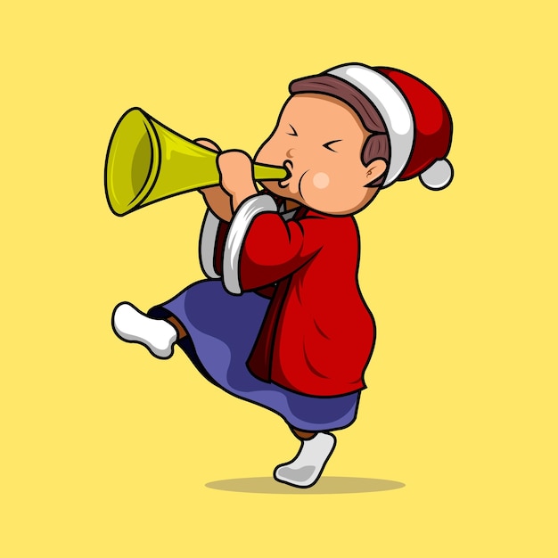 Vektor netter junge, der trompete bläst und weihnachtsmann-kleidung trägt, cartoon-vektor-symbol-illustration.premium-vektor