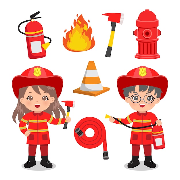 Netter Junge und Mädchen in Feuerwehruniform mit Feuernotfall-ClipArt-Satz.