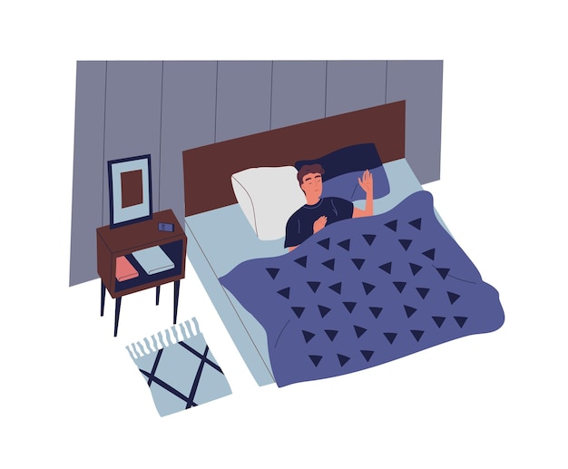 Netter junger Mann, der nachts im Schlafzimmer schläft. Männlicher Charakter, der in einem bequemen Bett liegt und einschläft. Ruhe und Entspannung im Alltag. Bunte Vektorillustration im flachen Cartoon-Stil.
