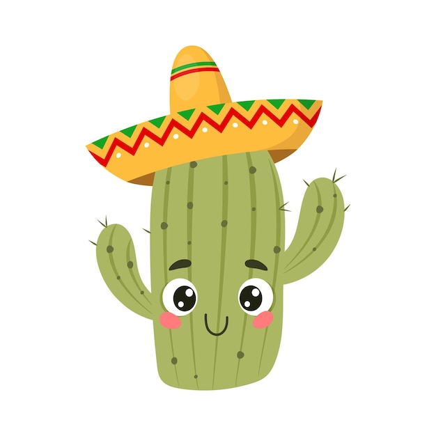 Vektor netter kaktus mit glücklichem gesicht und sombrero-cartoon-vektorillustration