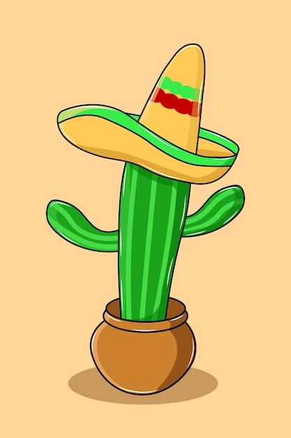 Netter kaktus mit sombrero-karikatur-illustration