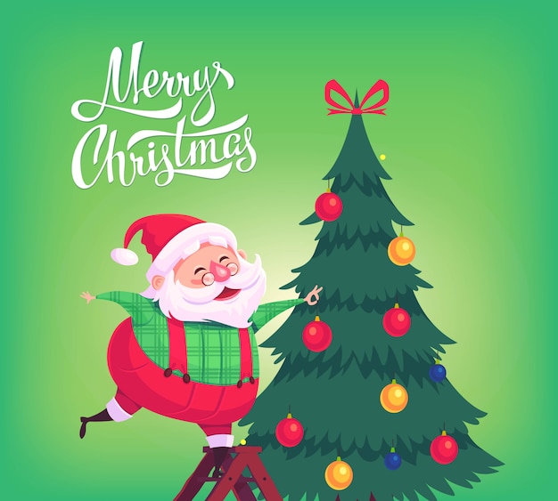 Netter karikatur-weihnachtsmann, der weihnachtsbaum verziert frohe weihnachten illustration grußkartenplakat