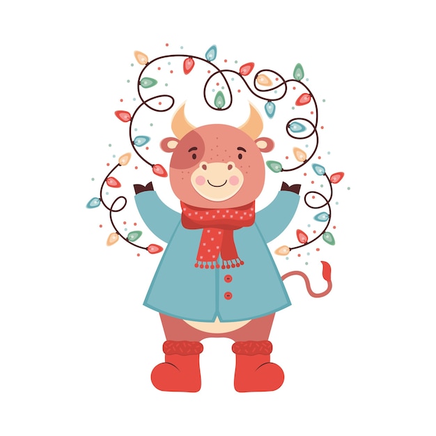 Netter karikaturbabybulle mit einer funkelnden weihnachtsgirlande. lustiger ochse in kleidung, schal, stiefeln, winterjacke. symbol 2021 neujahr. weihnachtskarte oder banner für weihnachten, neujahr. illustration