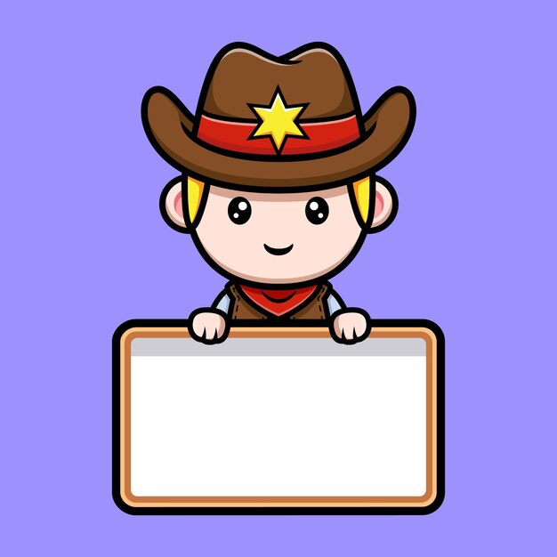 Netter kleiner cowboy, der leere texttafelmaskottchenillustration hält