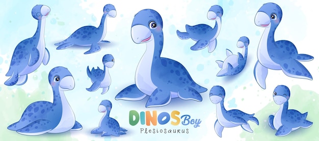 Netter kleiner dinosaurier wirft mit aquarellillustration auf