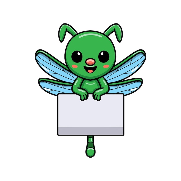 Netter kleiner grüner libellen-cartoon mit leerem zeichen