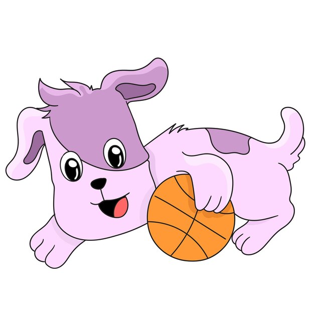 Netter kleiner hund, der ball spielt. cartoon illustration aufkleber emoticon