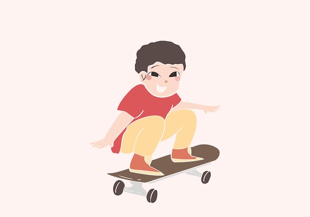 Vektor netter kleiner junge, der skateboard, sportaktivitätskonzept spielt