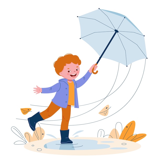 Vektor netter kleiner junge mit regenschirm in gummistiefeln windiges wetter herbstlaub