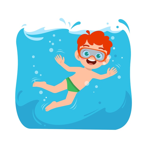 Netter kleiner junge schwimmt im sommerurlaub unter wasser