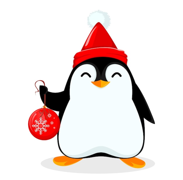 Vektor netter kleiner pinguin hält rote weihnachtsbaumkugel