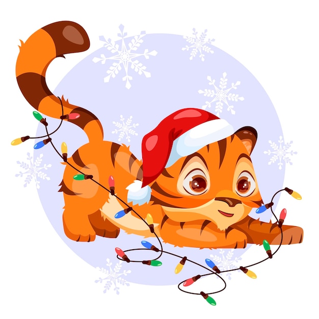 Netter kleiner tiger in weihnachtsmütze mit weihnachtsgirlandensymbol des chinesischen neujahrs 2022