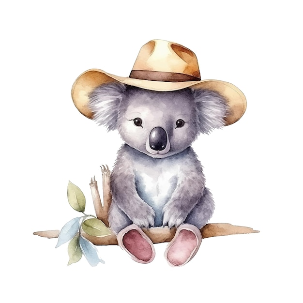 Netter koala, der mit hutkarikatur-aquarellfarbe sitzt